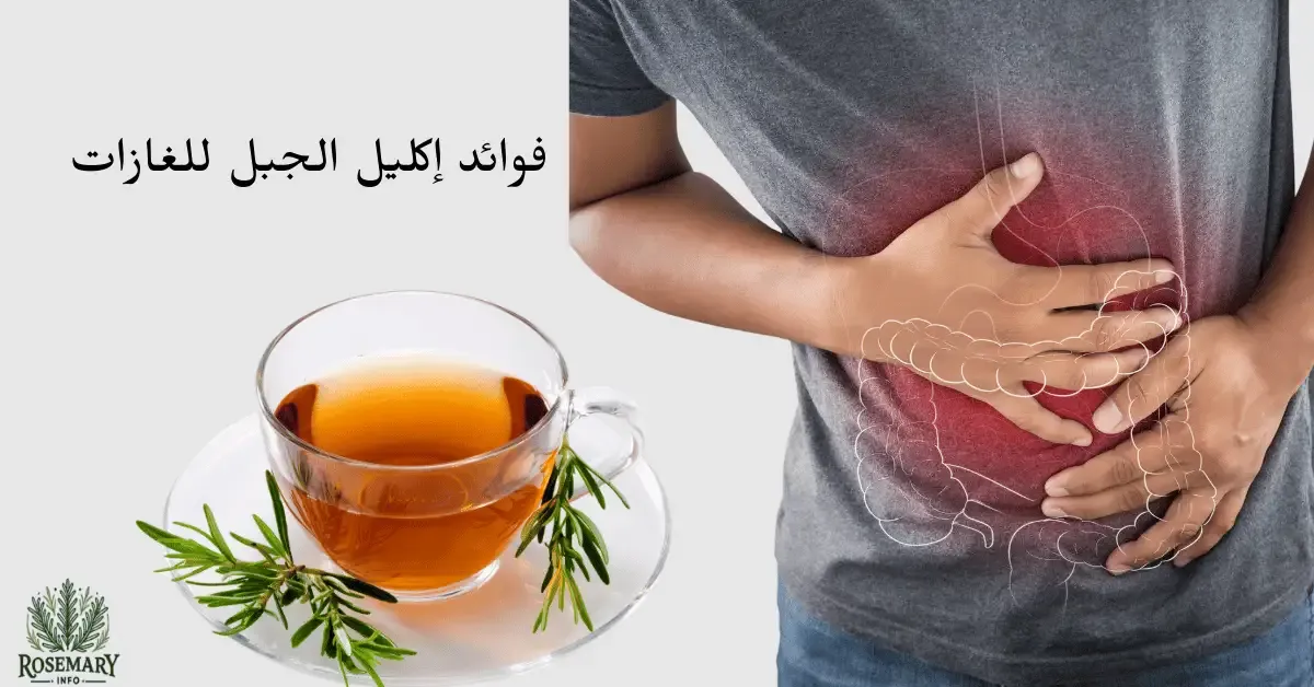 شخص يتألم من القولون وشاي إكليل الجبل ومكتوب فوائد إكليل الجبل للغازات